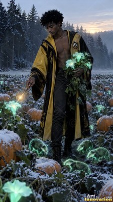 A man in his youth in a yellow robe casts a wand spell over badgers in a snowy pumpkin patch