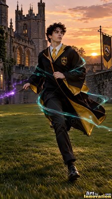 Outside a stone castle at sunset, a young man runs across the grass with a wand