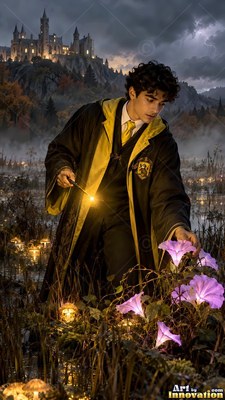 Holding a lit wand, a young man in black and yellow robes leans over purple flowers