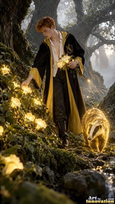 A man in his youth in black robes walks beside a bright badger