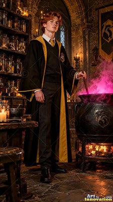 A yellow-trimmed robe in a stone cellar, where a red-haired man stands beside a smoking cauldron