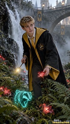A blond-haired man in yellow robes conjures a small badger with bright turquoise light