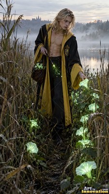 Walking forward in a misty marsh, a man in a yellow robe touches pale green flowers