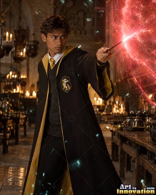 A man in a black wizard robe points his wand to cast red sparks in a hall