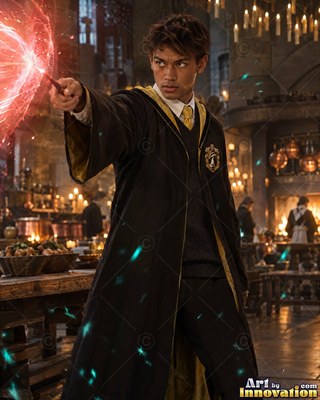 In a stone dining hall, a young man in black robes aims a wand with red light