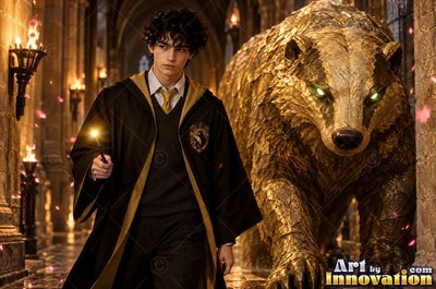 Holding a wand, a man walks beside a giant golden badger in a stone hall