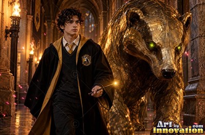 A younger man in black robes walks beside a giant golden beast