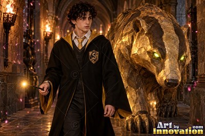 Wearing a black robe with yellow trim, a younger man walks beside a giant badger in a stone hall