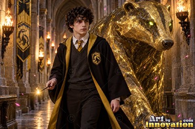 A man in his youth walks with a giant gold badger past wall torches in a hall