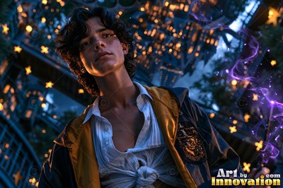 Tilted upward, a man in an open yellow jacket stands in a dark courtyard