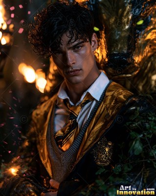 A man in his youth in a school uniform and gold tie stands beside a golden badger