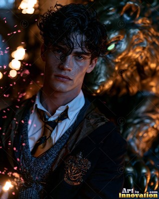 In warm firelight, a young man in school robes stands before a lion statue