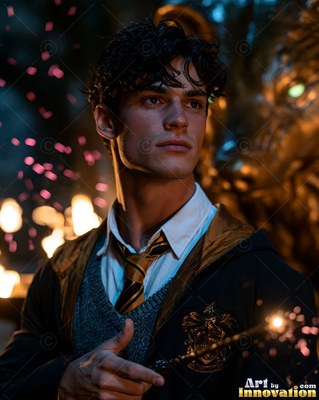 Holding a bright wand, a dark-haired man in a school robe and striped tie gazes into the night