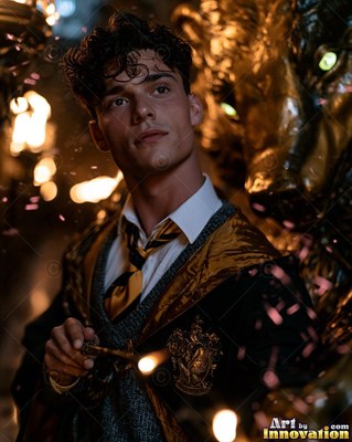 Youthful man holding a wand in black and gold robes by a statue