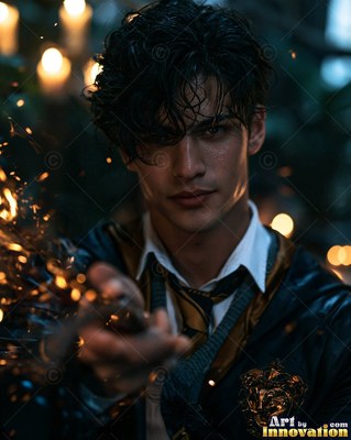 Messy black curls fall across a man's forehead in a dark room as he aims a wand with bright sparks
