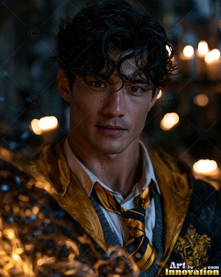 A dark-haired man in a yellow striped tie looks forward near warm candlelight