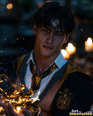 Facing forward in a dim castle hall, a man holds bright yellow sparks