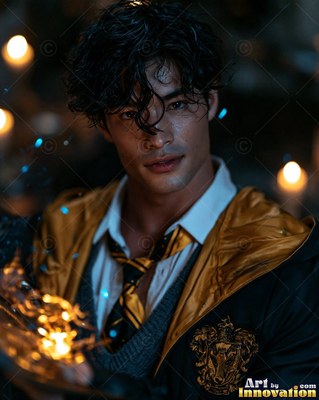 A youthful man in yellow robes smiles while holding warm lights in a dark room