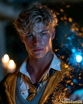 In a dim hall, a blond youthful man wears a yellow and black tie near blue light sparks