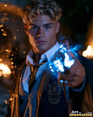 Pointing forward, a man with blond hair in a school robe casts blue sparks from his hand