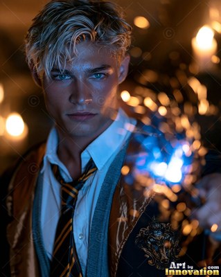 Blond young man in a school robe casting blue sparks