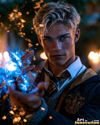 A striped tie worn by a blond man in a dark room as bright blue sparks flare in his hand