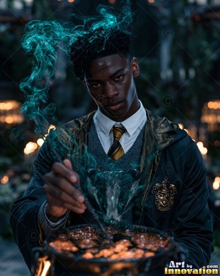 A young man in dark robes stirs a cauldron with his wand as teal smoke rises