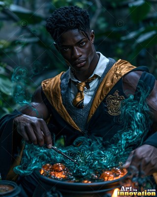Leaning forward in a dark room, a young Black man stirs a bubbling pot with green smoke