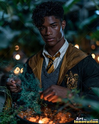 A young Black man in a school robe tends green herbs over warm candlelight