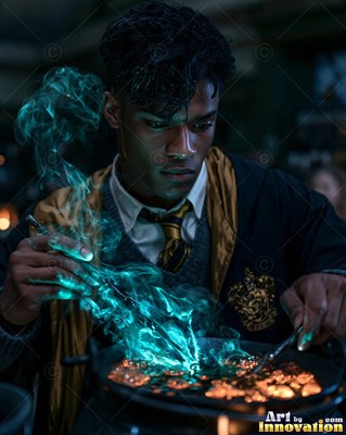 In a dim classroom, a youthful man stirs green smoke rising from a bubbling cauldron