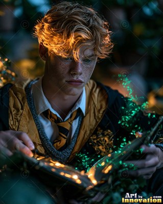Studying an open book, a blond young man watches green sparks rise in the dark