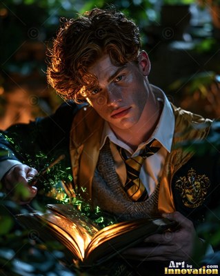 A younger man in school robes holds a wand over an open book