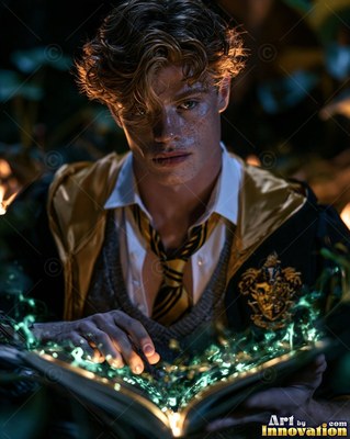In a gold-lined school robe in the shadows, a man in his youth reads from a bright green spellbook