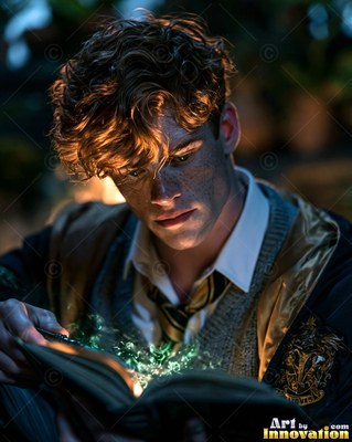A younger man reads an open book that shines with green sparks under warm light