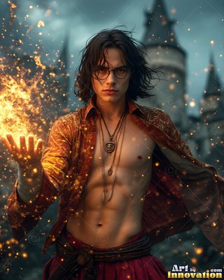 Outside a castle, a bare-chested young man in glasses holds bright sparks in his hand
