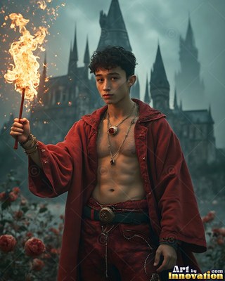 Holding a burning wand, a young man wearing an unbuttoned scarlet robe stands before a dark castle