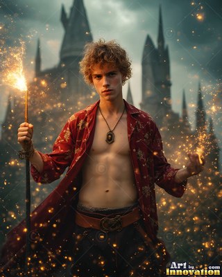 Shirtless young man holding a spark wand in front of a castle