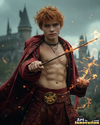 Messy red hair tops a shirtless young man holding a fiery wand outside a castle towers background
