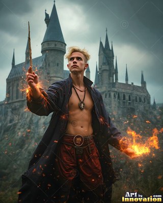 A young man raises a wand by a gray castle as bright orange sparks burst from his hand