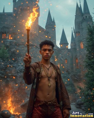 Facing forward in front of a castle, a bare-che sted young man grips up a burning torch