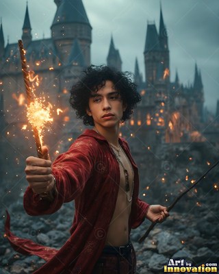 A young man in an open scarlet robe holds a sparking wand before a castle