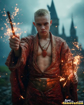 Before a dark castle, a young man carries two wands throwing bright sparks