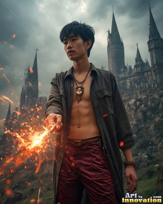 Holding a sparking wand, an open-shirted man stands before castle towers under gray clouds