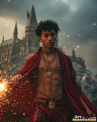 A young man wearing an unbuttoned red cloak holding a wand near a castle