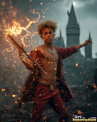 Unbuttoned red robes reveal a young man raising a fiery staff before a dark castle tower