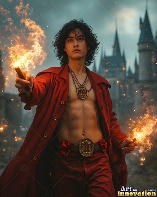 A young man in an open red coat holds flaming wands by the walls of a castle in warm fiery light