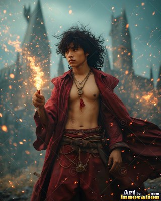 Standing outside a dark castle, a young man wearing an unbuttoned bright red robe holds a lit sparkler