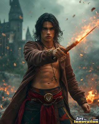 A young man in an unzipped brown coat points a fiery wand just outside a castle