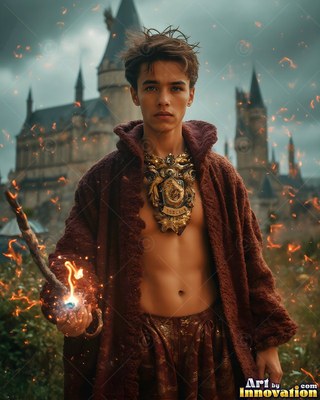 By the walls of a castle, a bare-chested young man holds a staff with bright fire sparks
