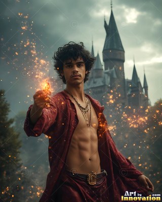 Casting golden sparks from his hand, a shirtless man in a red robe stands before a castle